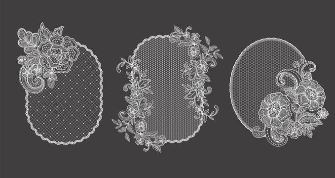 Vector set of Vintage lace oval frames with ornate floral details and dotted textures. Decorative hand-drawn romantic borders. Design for wedding invitations