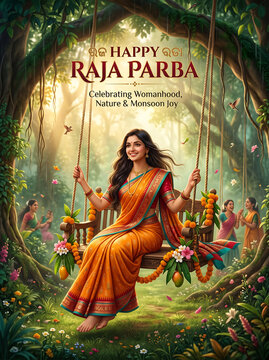 Woman in orange sari enjoying raja parba celebration on decorated swing in lush forest with friends