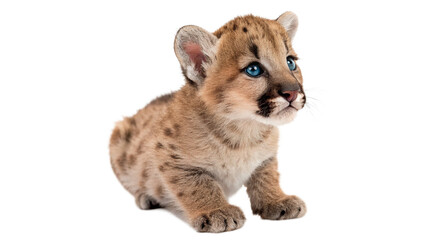 Cute small fluffy cougar puma cub baby wild cat sitting isolated on transparent background cut out © 1png-stock