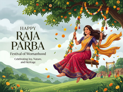 Woman in traditional indian attire swinging on a decorated tree branch during raja parba festival celebration