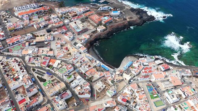 Aerial View of El Cotillo Shorefront and Beachside Restaurants in Fuerteventura, Canary Islands