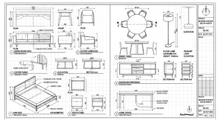 Fototapeta premium Detailed furniture design specifications with dimensions and orthographic views