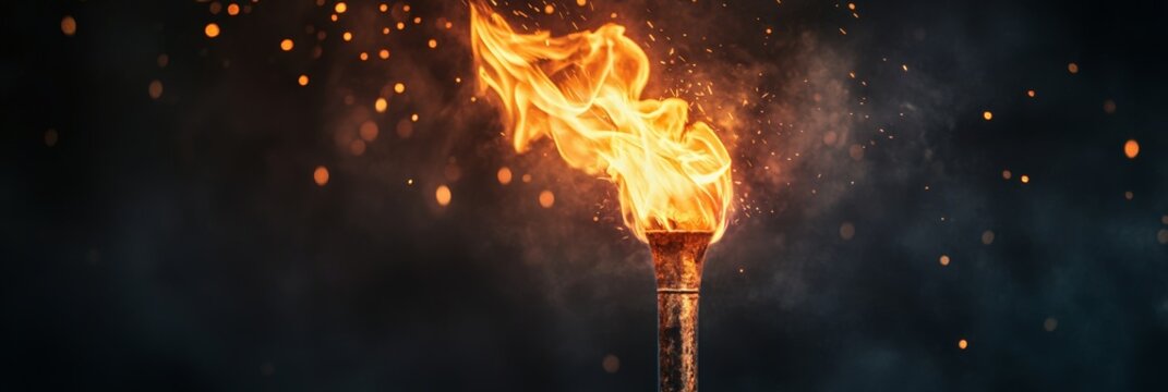 Flaming torch burning brightly against a dark background, emitting sparks and smoke, creating a dramatic and evocative scene of light and shadow