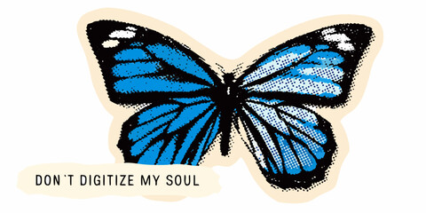 Blue butterfly illustration split down the middle halftone pattern © Milton