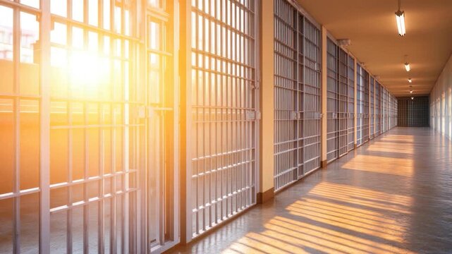 Long prison corridor with bars and cells, illuminated by bright sunlight and overhead lighting