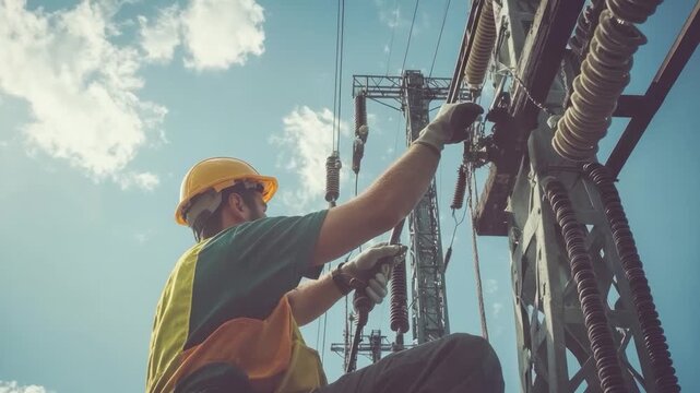 Low-angle view of a worker on a power pole, installing electrical lines under a blue sky