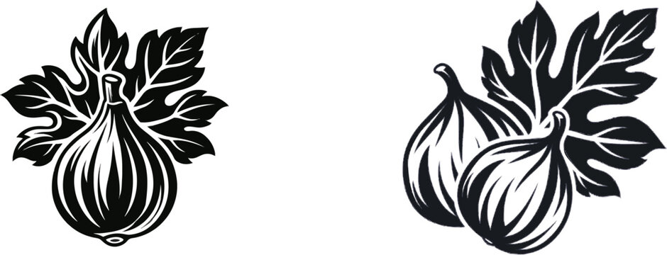 A bold black silhouette of a fig fruit with its leafy stem is displayed against a pure white background in a vector sticker style
