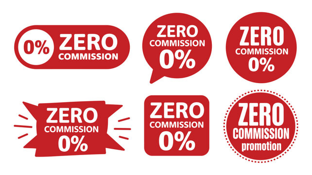 Zero commission promotion badges showcasing red 0 percent symbols for promotional banners, retail campaigns, and finance related advertising design. Vector illustration.