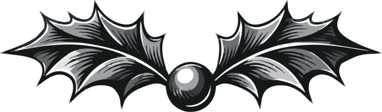 A minimalist black drawing of a gothic-style botanical divider with thorny holly leaf scrollwork on a crisp white background