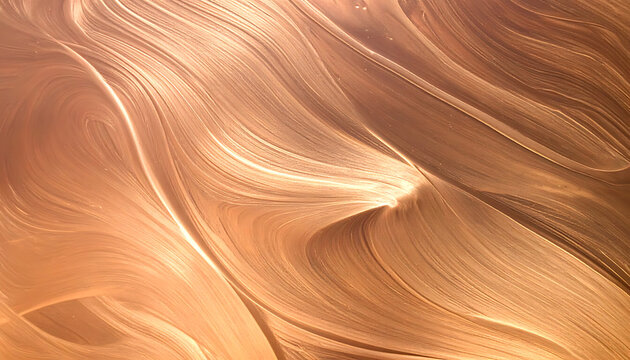 Abstract brushed copper texture with flowing lines and highlights, metallic surface background, warm tones and light play