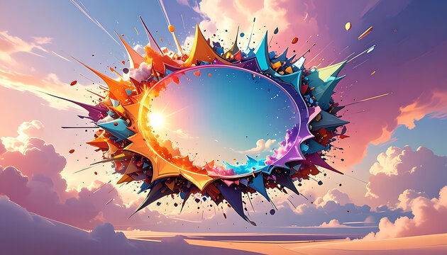 Abstract colorful explosion circle with pixelated fragments in a bright sky, dynamic burst of energy, creative concept