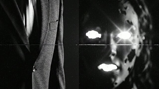 Abstract Digital Glitch Effect on Man and Distorted Glowing Face in Black and White.