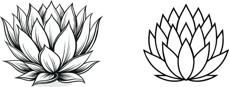 A pristine black ink Protea flower head features geometrically layered petals against a crisp white background in this minimalist vector graphic icon style