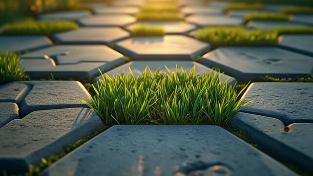 A serene video showcasing a beautifully designed hexagonal stone pathway with lush green grass growing through it during sunset