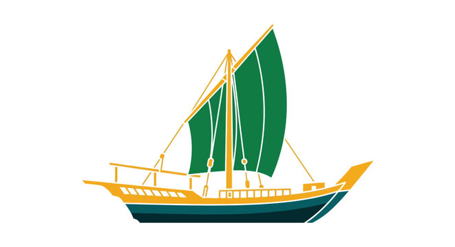 Traditional wooden sailing dhow with green sails illustration.
