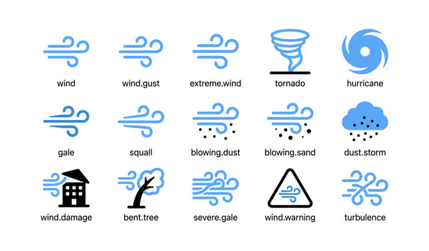 Wind and storm icons showing gusts, tornado and damage symbols
