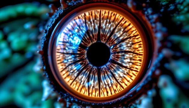 The image displays a close up view of a human eye, with intricate details of the iris prominently visible
