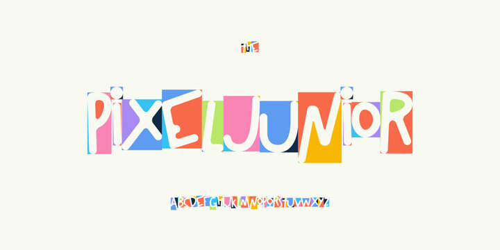 Pixel Junior Font Fun Kid Edtech Logo Cartoon Alphabet Vector English Letter Set Modern Typography, Creative Typographic Design for Education Title Text, Typo Poster Headline. Vector Typeface