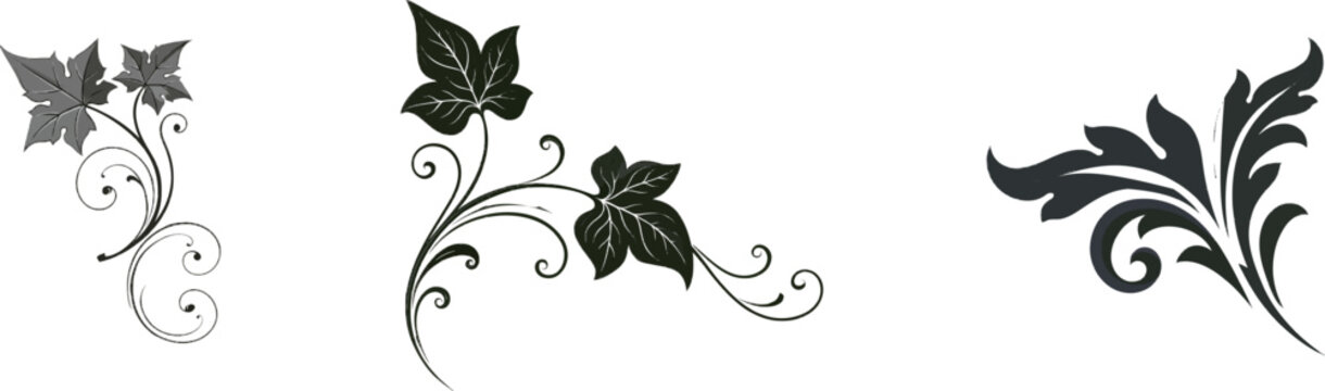 A luxurious Baroque ivy leaf corner vignette with scrolling ornamental plant flourish, rendered in a high-contrast vector sticker style against a pristine white background