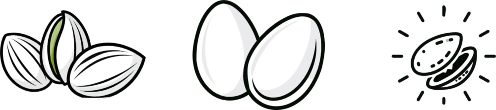 A minimalist black ink illustration of a pine nut kernel cracking open against a crisp white background, rendered in vector graphic icon style with sharp edges and high contrast