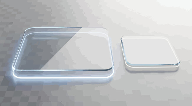 Two empty glass display platforms on a geometric digital background, 3d render