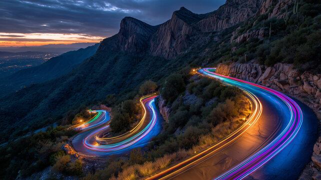 A breathtaking scene of neon lights blazing down a mountain road, just before twilight. 