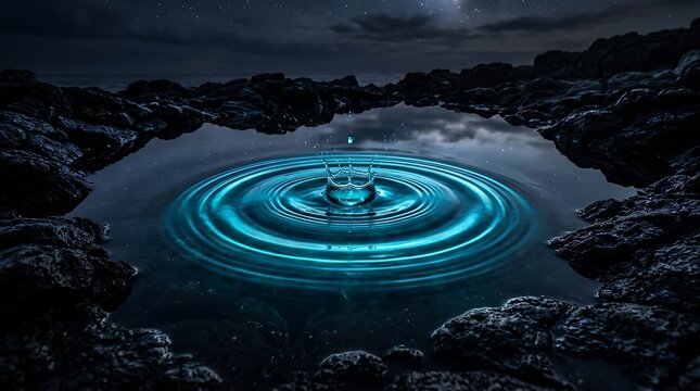 Glowing water drop ripples in a dark rocky pool at night