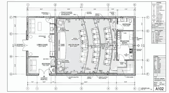 Detailed architectural floor plan of a private home theater room