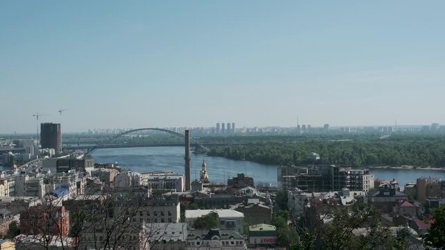 Stunning panoramic views capture the beauty of the Dnieper embankment under clear skies. Podil, Kyiv, Ukraine, May 21, 2026