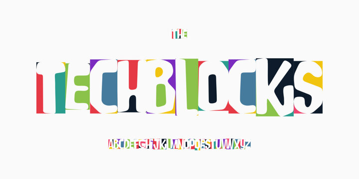 Tech Blocks colorful geometric font alphabet, bold playful letters for STEM logo, kids coding poster, school headline and creative technology branding. Vector typographic design