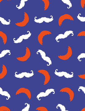 Seamless vector pattern with scattered curly mustache silhouettes in white and red-orange on a bold cobalt blue background.
