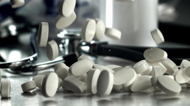 White tablets scatter across reflective surface with stethoscope Filmed on a high-speed camera at 1000 fps.