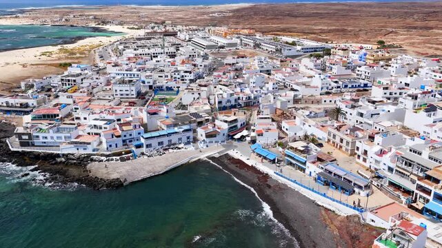 Aerial View of El Cotillo Shorefront and Beachside Restaurants in Fuerteventura, Canary Islands