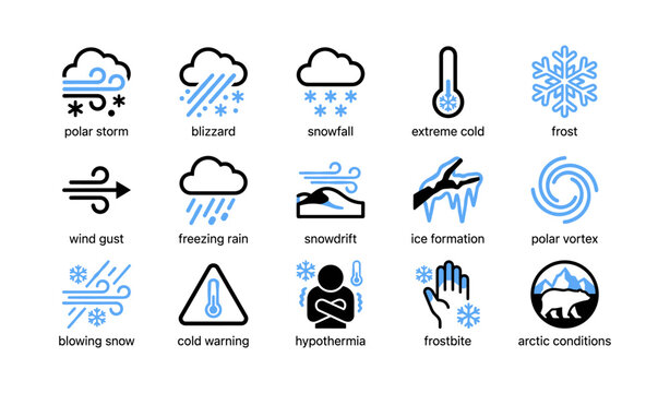 Weather hazard icons illustrating winter conditions on white background
