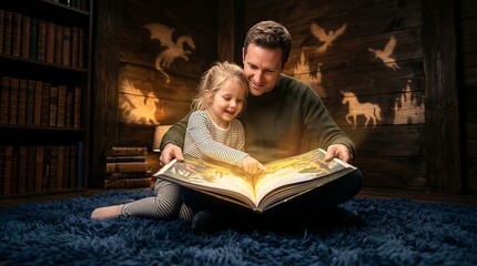 Obraz premium Father and young daughter reading a magical glowing book together