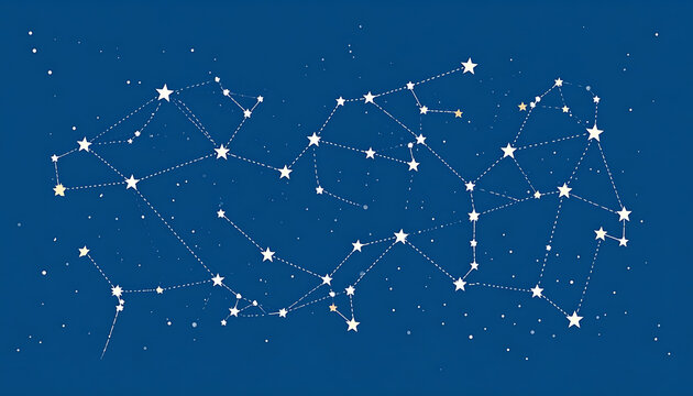 Abstract constellation pattern with connected star shapes and dots on a dark blue background, representing network or cosmic theme