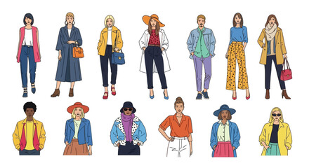 Fototapeta premium Diverse fashionable people in stylish clothing posing separately on white