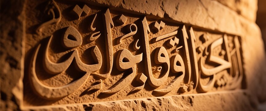 Ancient Arabic calligraphy carved into weathered stone wall illuminated by warm light.