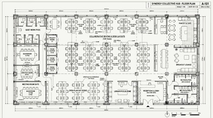 Architectural floor plan for a modern office space with collaborative workstations and meeting rooms © Saharia