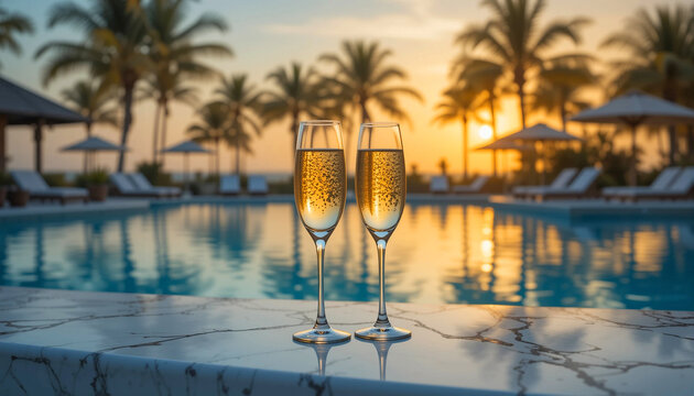 Romantic sunset scene with two champagne flutes on a poolside ledge, palm trees swaying and ocean horizon glowing in a calm tropical evening light.