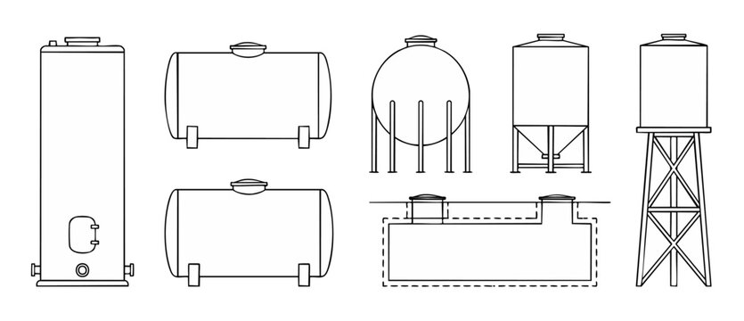 Industrial storage tank vector icons showcasing water tower, oil reservoir, gas silo, and underground cistern schematics in clean black line art style for engineering blueprints and design layouts.