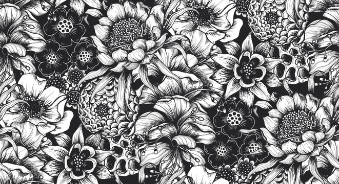 Vector seamless pattern with beautiful hand drawn black and white unusual blooming flowers on black background