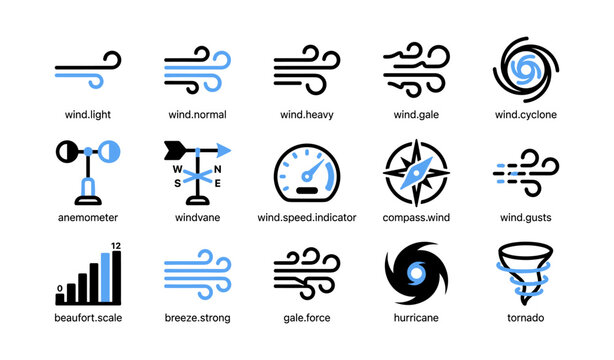 Set of wind and weather icons showing wind states and instruments