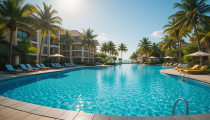 Fototapeta premium Sunlight sparkles across a turquoise resort pool, surrounded by lush palms and rows of comfortable loungers in a peaceful vacation environment.