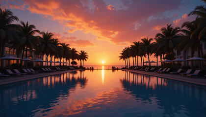Obraz premium Tropical resort pool at sunset with palm trees lining the water, reflecting vibrant colors of the sky and creating a serene atmosphere for relaxation