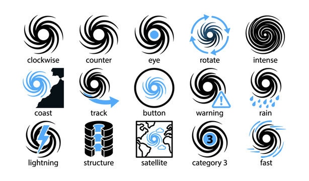 Collection of cyclone swirl icons showing rotation and alerts
