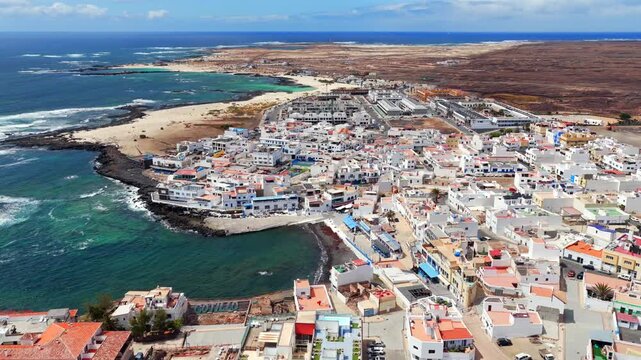 Aerial View of El Cotillo Shorefront and Beachside Restaurants in Fuerteventura, Canary Islands