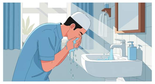 Vector illustration of a Muslim man in a white kufi and blue shirt performing ritual wudu ablution by washing his face at a white bathroom sink with sunlight beams from a window.