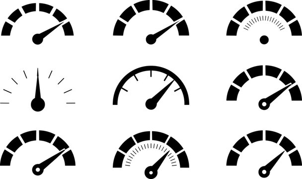 Speedometer Gauge Icon Collection Featuring Performance Meter Dashboard and Measurement Indicators for Automotive and Technology Design