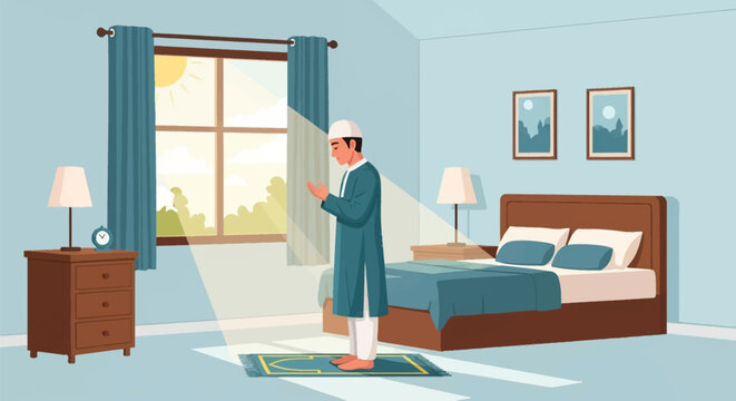 Muslim man in thobe and kufi performing Salah prayer on a rug in a bright bedroom with sunlight streaming through the window, featuring a bed, nightstand, and curtains.